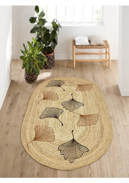 Boho 982 Oval Siyah Yel Motifli Etnik Desenli Jüt Rengi Örgü Yuvarlak Natural Çift Taraflı Halı fiyatları