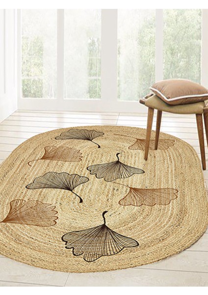 Boho 982 Oval Siyah Yel Motifli Etnik Desenli Jüt Rengi Örgü Yuvarlak Natural Çift Taraflı Halı modelleri