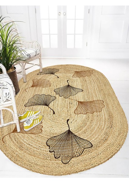 Boho 982 Oval Siyah Yel Motifli Etnik Desenli Jüt Rengi Örgü Yuvarlak Natural Çift Taraflı Halı indirimleri