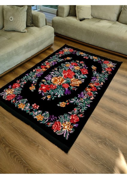 Mars Serisi Siyah ve Multy Tonlarda Çiçekli Desen Kaymaz Taban Şönil Halı