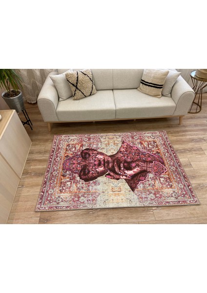 Kadın Silüeti Kiremit Tonunda Eskitme Desenli Vintage Yıkanabilen Dokuma Taban Salon Halısı Mars 125 fırsatları
