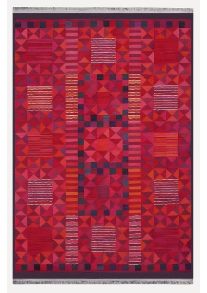 Mars 119 Etnik Otantik Kırmızı Tonda Dekoratif Salon Halısı Saçaklı Yıkanabilen Halı