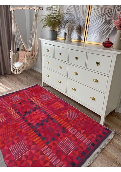 Mars 119 Etnik Otantik Kırmızı Tonda Dekoratif Salon Halısı Saçaklı Yıkanabilen Halı modelleri