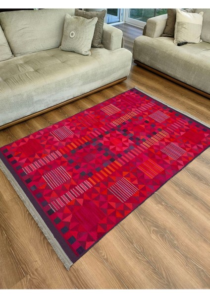 Mars 119 Etnik Otantik Kırmızı Tonda Dekoratif Salon Halısı Saçaklı Yıkanabilen Halı