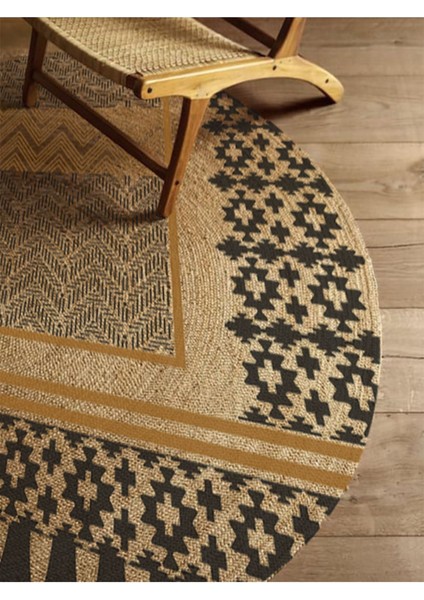 Boho 947 Geometrik ve Etnik Baskılı Örgü Yuvarlak Natural Çift Taraflı Halı fırsatları
