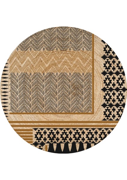 Boho 947 Geometrik ve Etnik Baskılı Örgü Yuvarlak Natural Çift Taraflı Halı