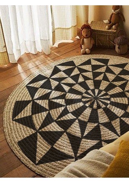 Boho 915 Geometrik Desen Baskılı Örgü Yuvarlak Natural Çift Taraflı Halı modelleri