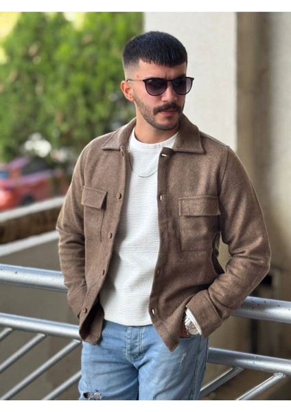 Slimfit Kesim Erkek Kaşmir Cift Cepli Gömlek-Kahve