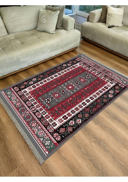 Mars Serisi Antik Kırmızı ve Siyah Tonlarında Otantik Desen Kaymaz Taban Şönil Halı