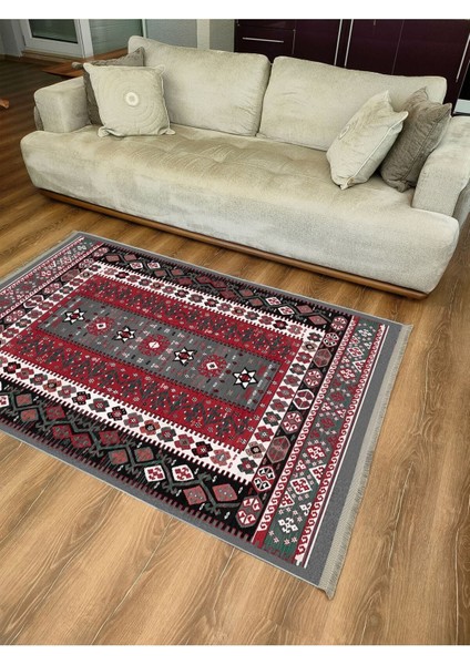 Mars Serisi Antik Kırmızı ve Siyah Tonlarında Otantik Desen Kaymaz Taban Şönil Halı fırsatları