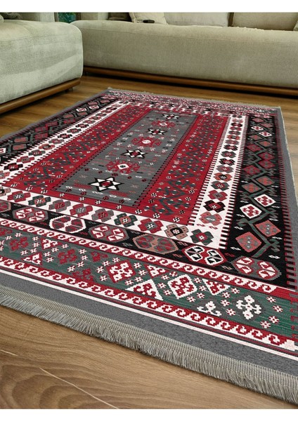 Mars Serisi Antik Kırmızı ve Siyah Tonlarında Otantik Desen Kaymaz Taban Şönil Halı