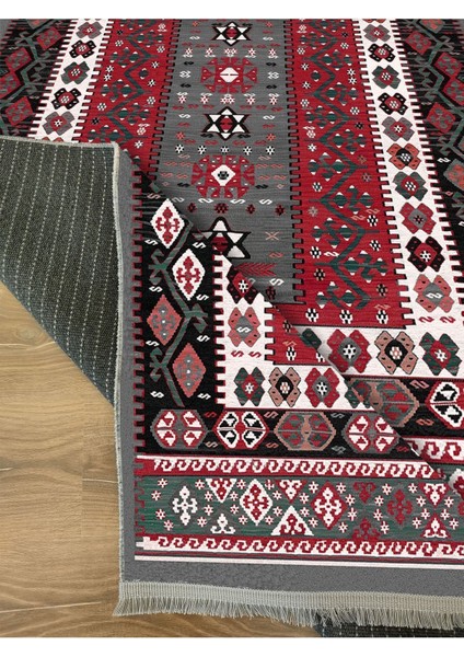 Mars Serisi Antik Kırmızı ve Siyah Tonlarında Otantik Desen Kaymaz Taban Şönil Halı