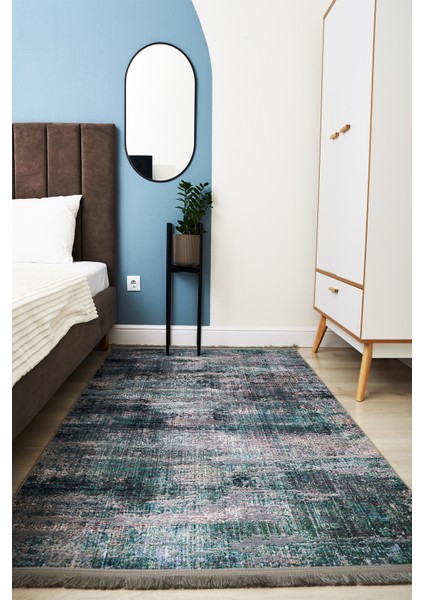 Turkuaz Tonunda Modern Desen Kaymaz Taban Dekoratif Halı