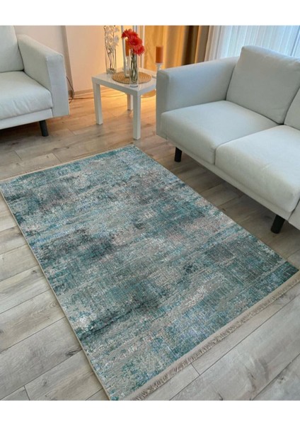 Turkuaz Tonunda Modern Desen Kaymaz Taban Dekoratif Halı modelleri