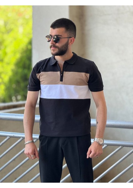 Slimfit Kesim Erkek Polo Yaka Fermuarlı Serit Desen Lacos Kumas Tshirt-Siyah