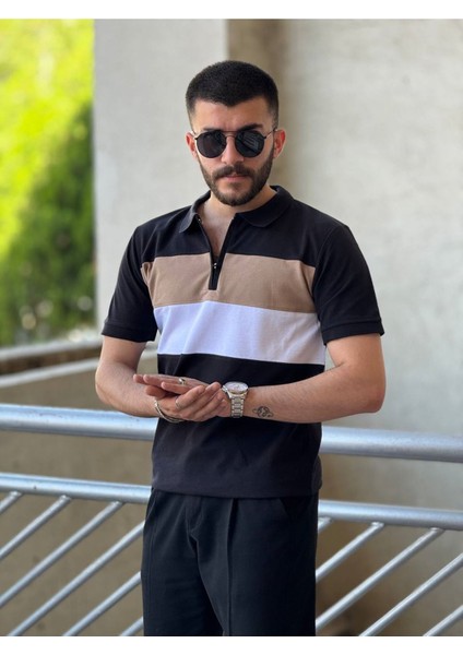 Slimfit Kesim Erkek Polo Yaka Fermuarlı Serit Desen Lacos Kumas Tshirt-Siyah fiyatları