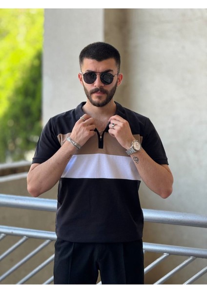 Slimfit Kesim Erkek Polo Yaka Fermuarlı Serit Desen Lacos Kumas Tshirt-Siyah modelleri