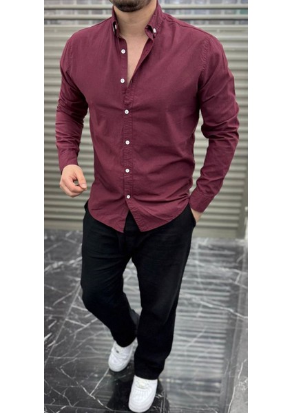 Slimfit Kesim Erkek Cotton Kumaş Tam Kalıp Duz Desen Gömlek-Bordo