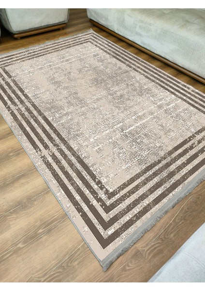 Mars 2077 Kahverengi Çerçeve Desenli Yıkanabilir Kaymaz Salon Halısı, Koridor ve Mutfak Halısı modelleri