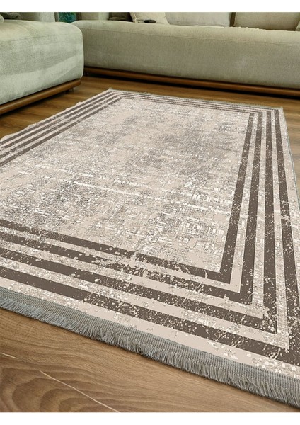 Mars 2077 Kahverengi Çerçeve Desenli Yıkanabilir Kaymaz Salon Halısı, Koridor ve Mutfak Halısı indirimleri