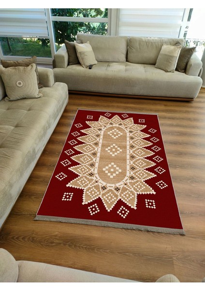 MARS107 Kırmızı Tonlarında Klasık Dekoratif Kilim Salon Halısı Saçaklı Yıkanabilen Halı modelleri