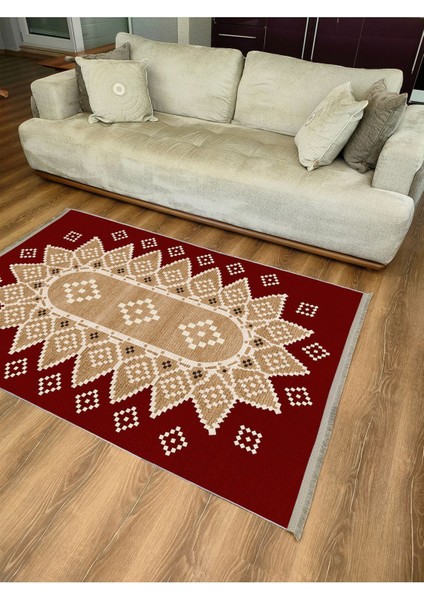 MARS107 Kırmızı Tonlarında Klasık Dekoratif Kilim Salon Halısı Saçaklı Yıkanabilen Halı fırsatları