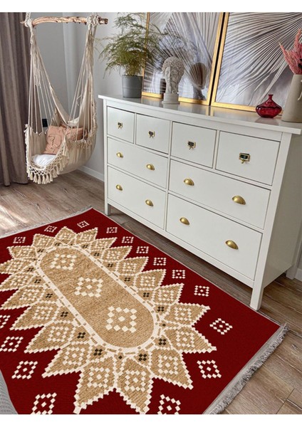MARS107 Kırmızı Tonlarında Klasık Dekoratif Kilim Salon Halısı Saçaklı Yıkanabilen Halı