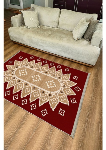 MARS107 Kırmızı Tonlarında Klasık Dekoratif Kilim Salon Halısı Saçaklı Yıkanabilen Halı