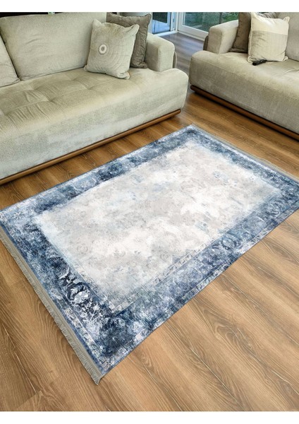 Mars 2068 Mavi Çerçeve Desenli Yıkanabilir Kaymaz Salon Halısı, Koridor ve Mutfak Halısı fiyatları