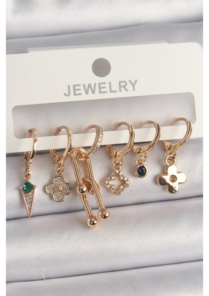 Pirinç Gold Renk Çoklu Figür Kadın Küpe Seti