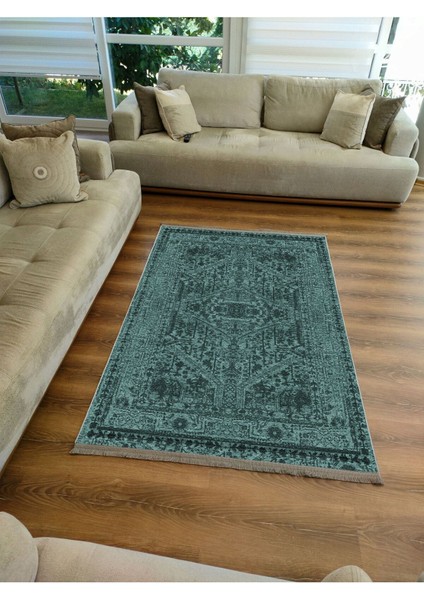 Mars Serisi Su Yeşili Etnik Otantik Eskitme Desen Kaymaz Taban Şönil Halı fırsatları