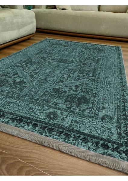 Mars Serisi Su Yeşili Etnik Otantik Eskitme Desen Kaymaz Taban Şönil Halı