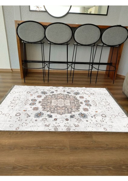 Mars Serisi Gri Kahve Etnik Geometrik Desen Kaymaz Taban Şönil Halı