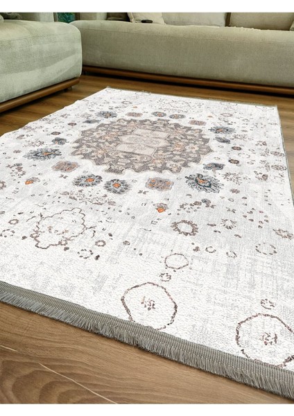 Mars Serisi Gri Kahve Etnik Geometrik Desen Kaymaz Taban Şönil Halı