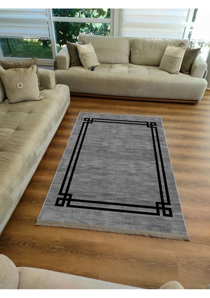 Mars Serisi Gri Siyah Çerçeveli Etnik ve Geometrik Desen Kaymaz Taban Şönil Halı modelleri