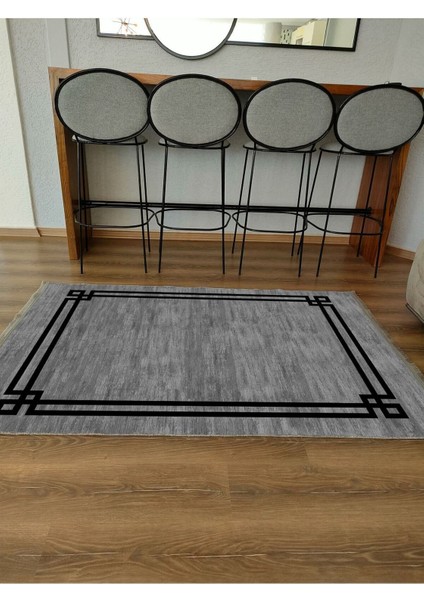 Mars Serisi Gri Siyah Çerçeveli Etnik ve Geometrik Desen Kaymaz Taban Şönil Halı indirimleri