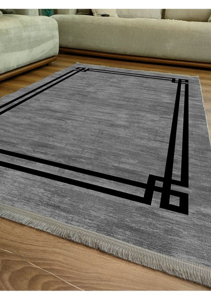 Mars Serisi Gri Siyah Çerçeveli Etnik ve Geometrik Desen Kaymaz Taban Şönil Halı