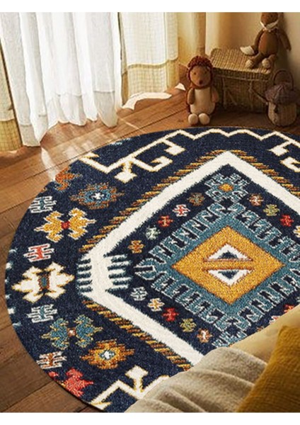 Boho 952 Lacivert Etnik ve Geometrik Jüt Rengi Örgü Yuvarlak Natural Çift Taraflı Halı