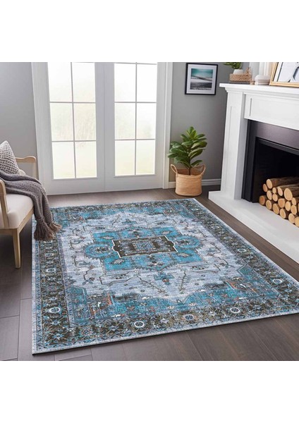 Mars 2251 Mavi Bordürlü Modern Yıkanabilen Dokuma Taban Dekoratif Halı fırsatları