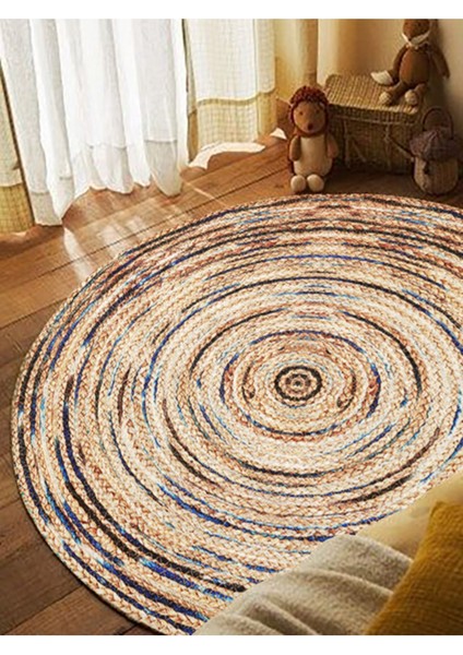 Boho 948 Jüt Rengi ve Desenli Örgü Yuvarlak Natural Çift Taraflı Halı