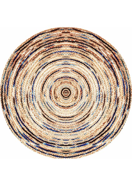 Boho 948 Jüt Rengi ve Desenli Örgü Yuvarlak Natural Çift Taraflı Halı