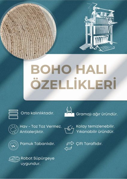 Boho 948 Jüt Rengi ve Desenli Örgü Yuvarlak Natural Çift Taraflı Halı