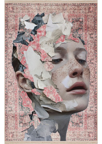 Kırmızı Vintage Kadın Silüeti Figürlü Modern Dokuma Taban Yıkanabilen Hal Mars 169