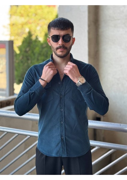 Slimfit Kesim Erkek Kadife Kumas Cift Cepli Gömlek-Indıgo fiyatları