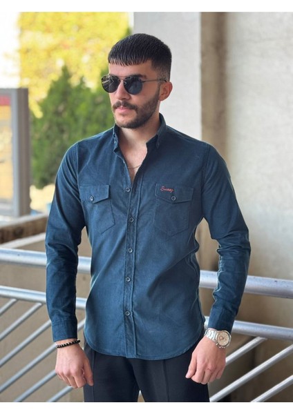 Slimfit Kesim Erkek Kadife Kumas Cift Cepli Gömlek-Indıgo modelleri