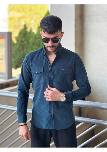 Slimfit Kesim Erkek Kadife Kumas Cift Cepli Gömlek-Indıgo fırsatları