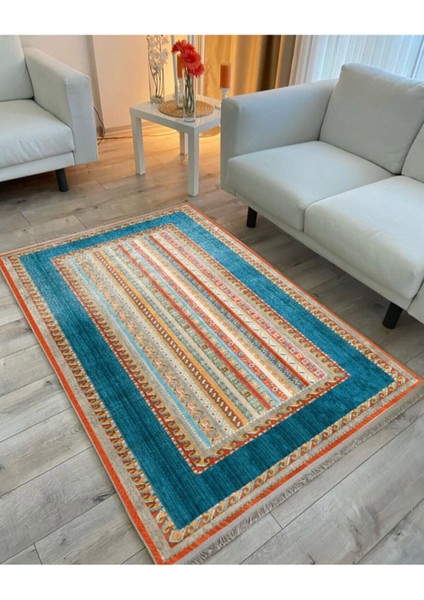 Mars 2017 Mavi Tonunda Geometrik Desen Kaymaz Taban Dekoratif Halı