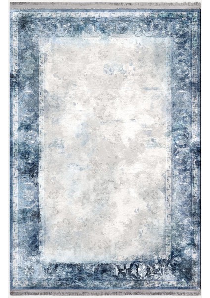 Mars Serisi Mavi Krem Tonlarında Etnik Geometrik Desen Kaymaz Taban Şönil Halı