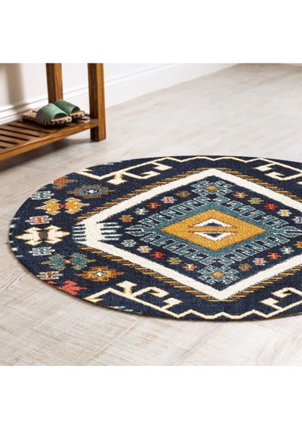 Boho 952 Lacivert Etnik ve Geometrik Jüt Rengi Örgü Yuvarlak Natural Çift Taraflı Halı fırsatları