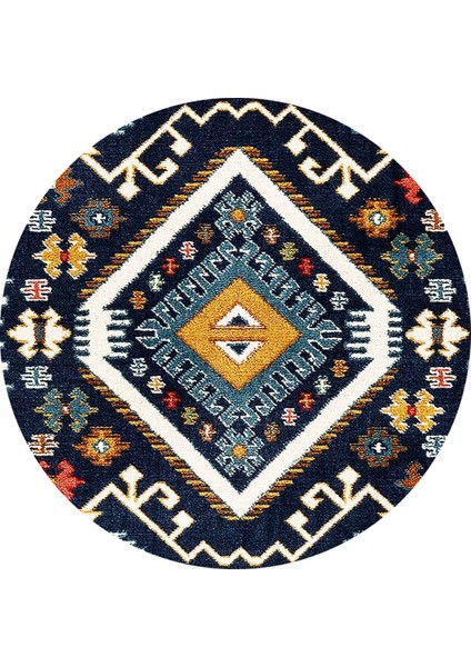 Boho 952 Lacivert Etnik ve Geometrik Jüt Rengi Örgü Yuvarlak Natural Çift Taraflı Halı